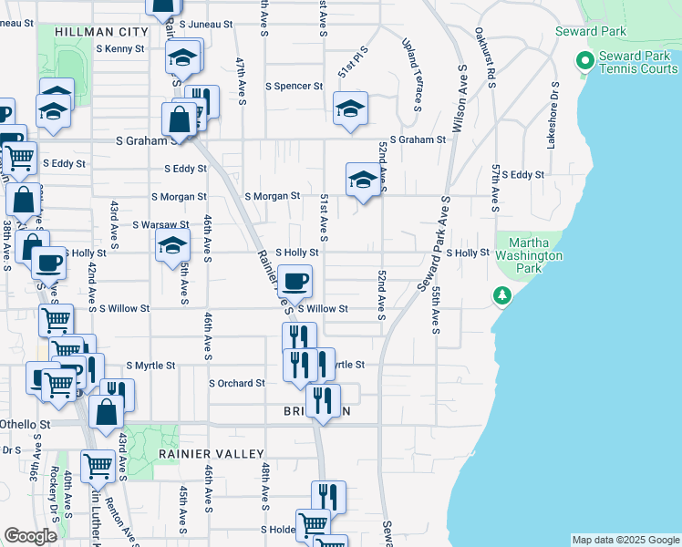 map of restaurants, bars, coffee shops, grocery stores, and more near 5110 South Holly Street in Seattle
