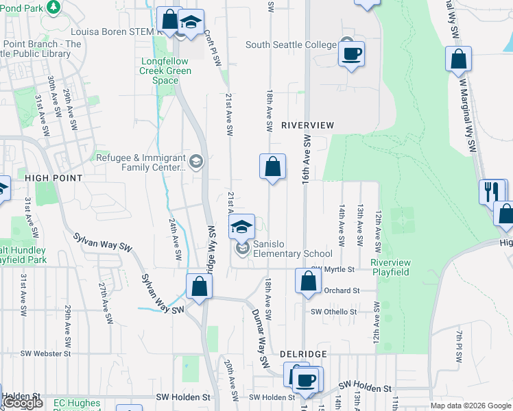 map of restaurants, bars, coffee shops, grocery stores, and more near 6711 18th Avenue Southwest in Seattle