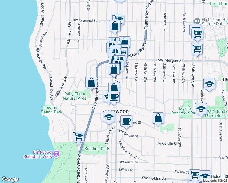 map of restaurants, bars, coffee shops, grocery stores, and more near 4312 Southwest Willow Street in Seattle