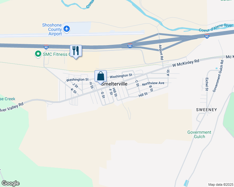 map of restaurants, bars, coffee shops, grocery stores, and more near in Smelterville