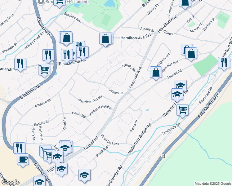 map of restaurants, bars, coffee shops, grocery stores, and more near 12 James Lane in Saint John's