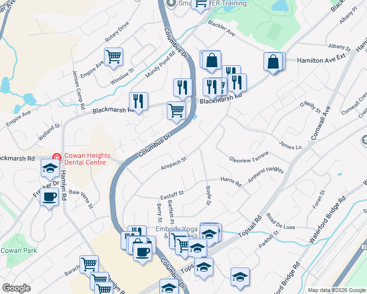 map of restaurants, bars, coffee shops, grocery stores, and more near 8 Browne Crescent in St. John's