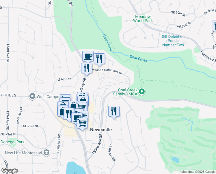 map of restaurants, bars, coffee shops, grocery stores, and more near 6742 132nd Place Southeast in Newcastle
