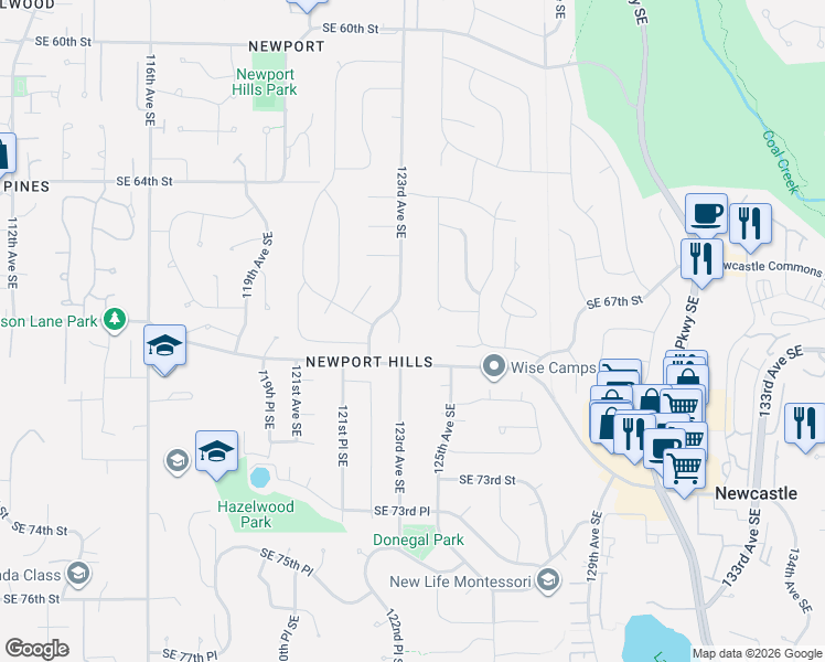 map of restaurants, bars, coffee shops, grocery stores, and more near 6575 125th Avenue Southeast in Bellevue
