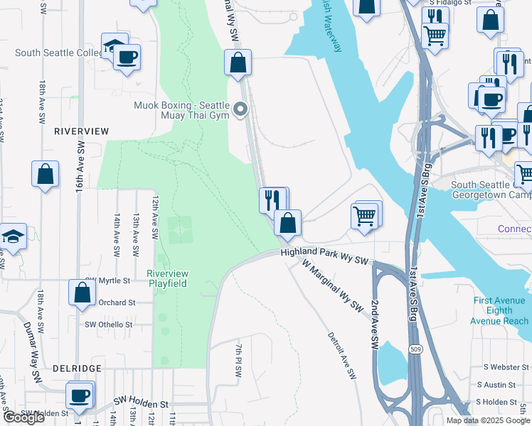 map of restaurants, bars, coffee shops, grocery stores, and more near 6700 W Marginal Way SW in Seattle
