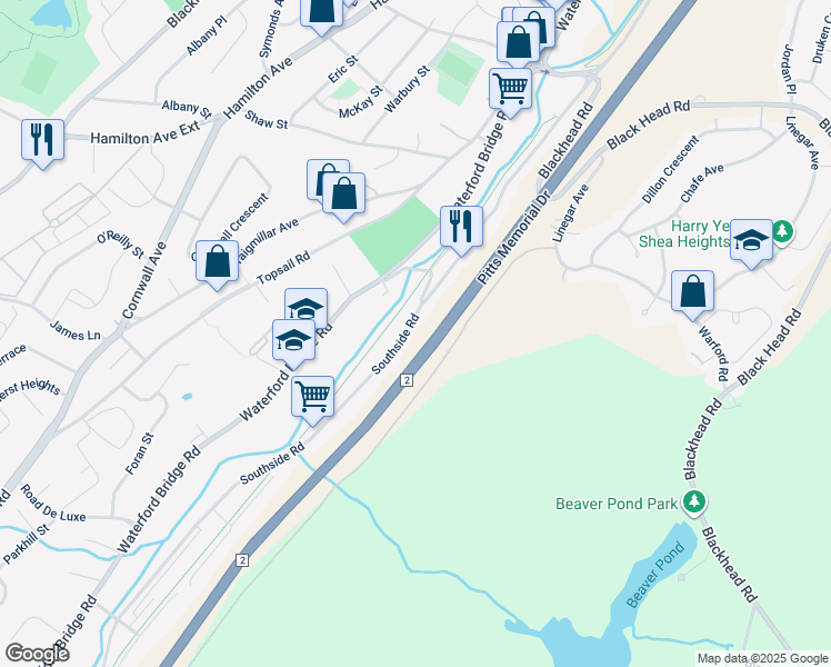 map of restaurants, bars, coffee shops, grocery stores, and more near 563 Southside Road in St. John's