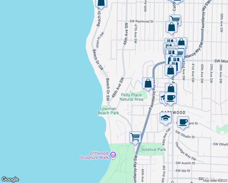 map of restaurants, bars, coffee shops, grocery stores, and more near 6751 48th Avenue Southwest in Seattle
