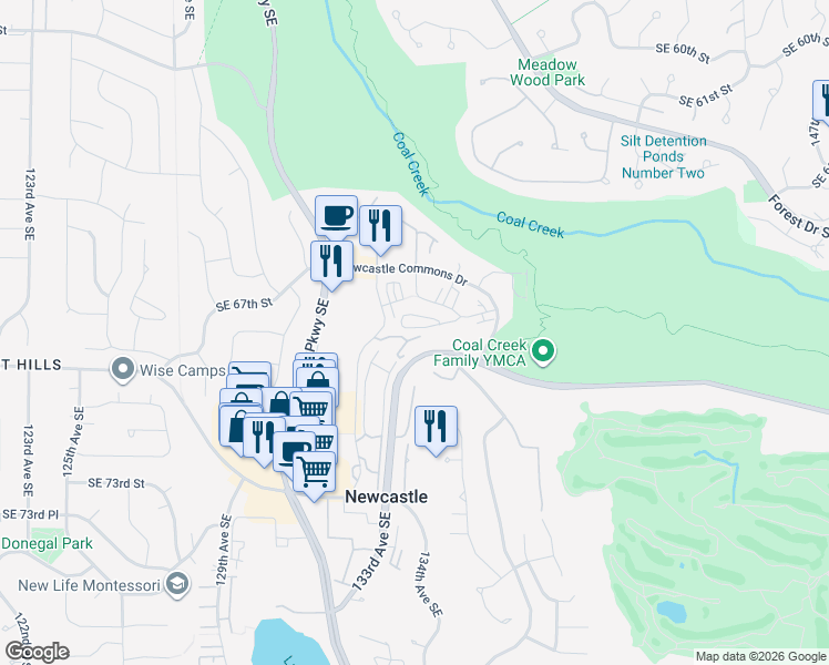 map of restaurants, bars, coffee shops, grocery stores, and more near 6742 132nd Place Southeast in Newcastle