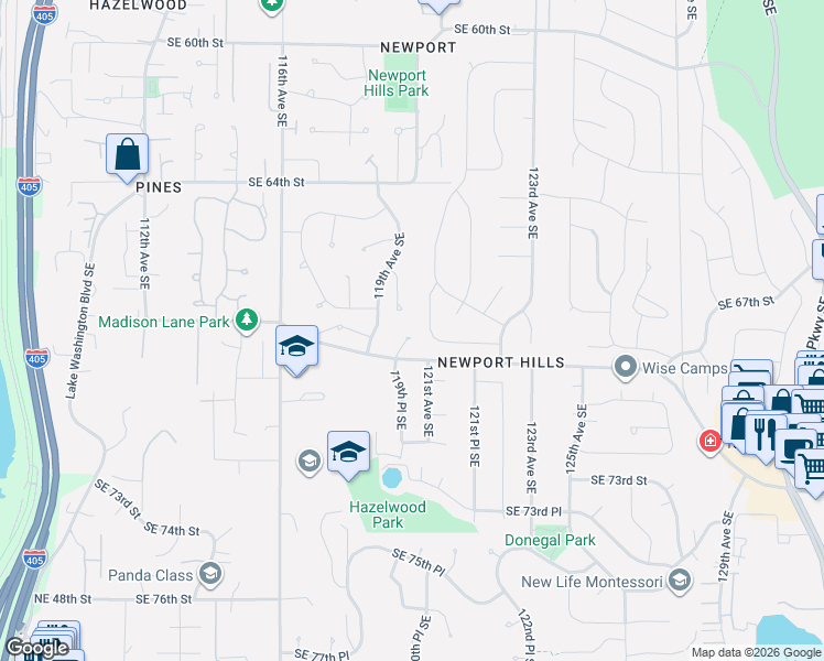 map of restaurants, bars, coffee shops, grocery stores, and more near 6648 119th Place Southeast in Bellevue