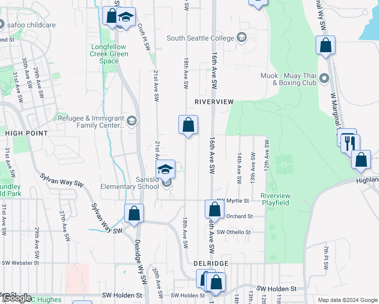 map of restaurants, bars, coffee shops, grocery stores, and more near 1707 Southwest Holly Street in Seattle