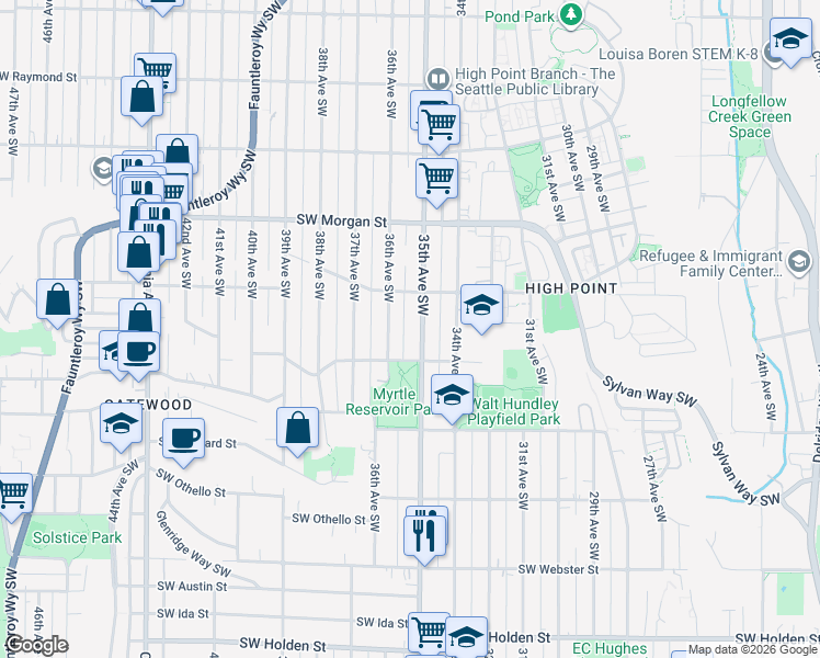 map of restaurants, bars, coffee shops, grocery stores, and more near 6714 36th Avenue Southwest in Seattle