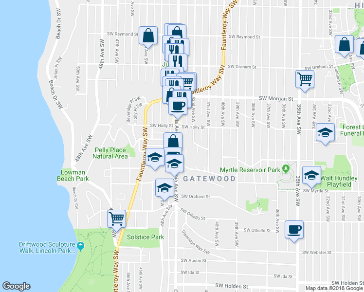 map of restaurants, bars, coffee shops, grocery stores, and more near 6716 California Avenue Southwest in Seattle