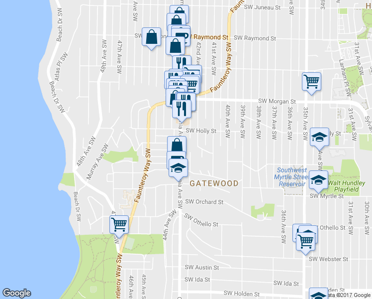 map of restaurants, bars, coffee shops, grocery stores, and more near 6716 California Avenue Southwest in Seattle