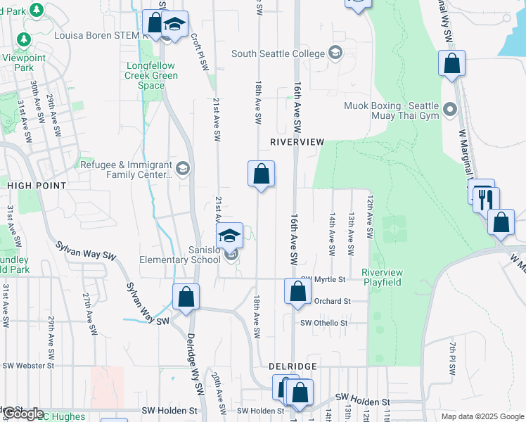 map of restaurants, bars, coffee shops, grocery stores, and more near 1707 Southwest Holly Street in Seattle