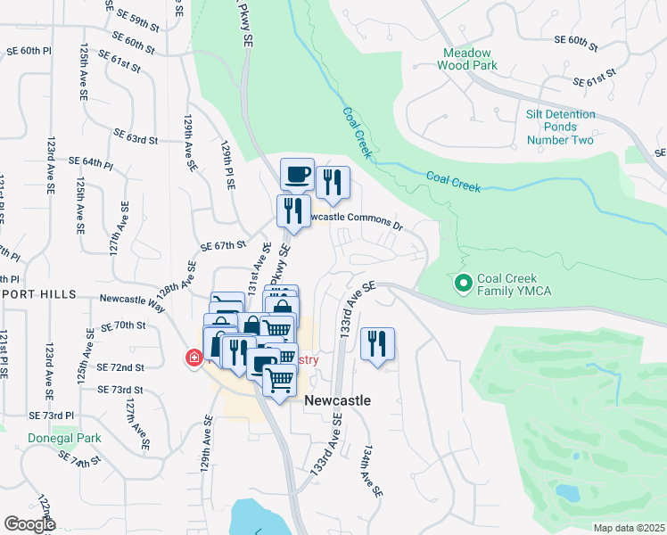 map of restaurants, bars, coffee shops, grocery stores, and more near 6830 132nd Pl SE in Newcastle