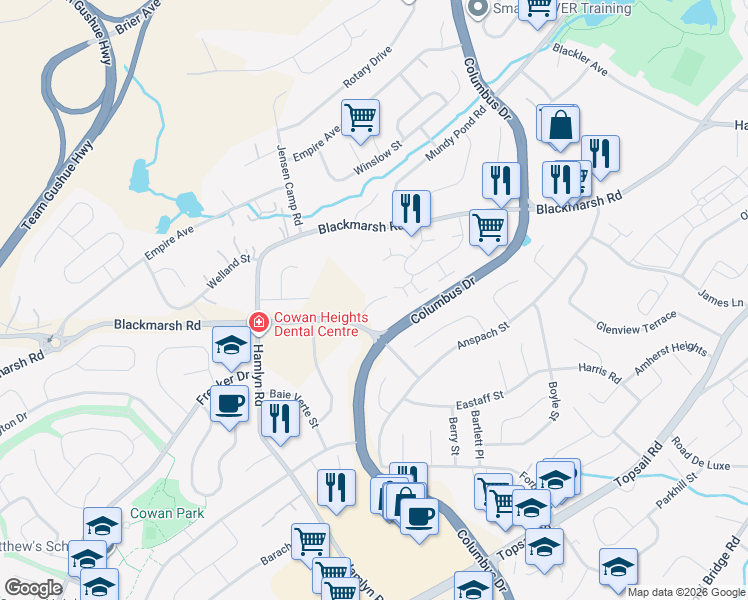 map of restaurants, bars, coffee shops, grocery stores, and more near Apple Blossom Court in St. John's