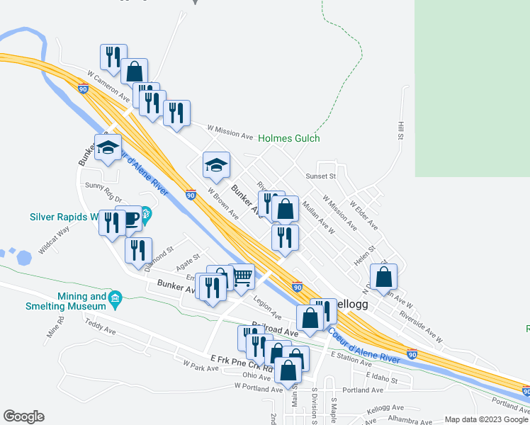 map of restaurants, bars, coffee shops, grocery stores, and more near 310 West Cameron Avenue in Kellogg