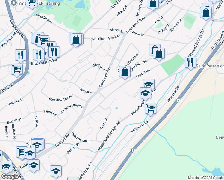 map of restaurants, bars, coffee shops, grocery stores, and more near 198 Topsail Road in St. John's