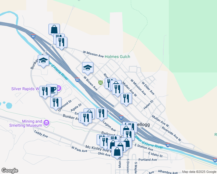 map of restaurants, bars, coffee shops, grocery stores, and more near 315 Riverside Avenue West in Kellogg