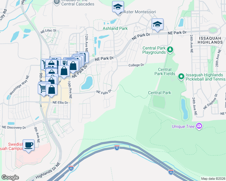 map of restaurants, bars, coffee shops, grocery stores, and more near 1625 Northeast Falls Drive in Issaquah