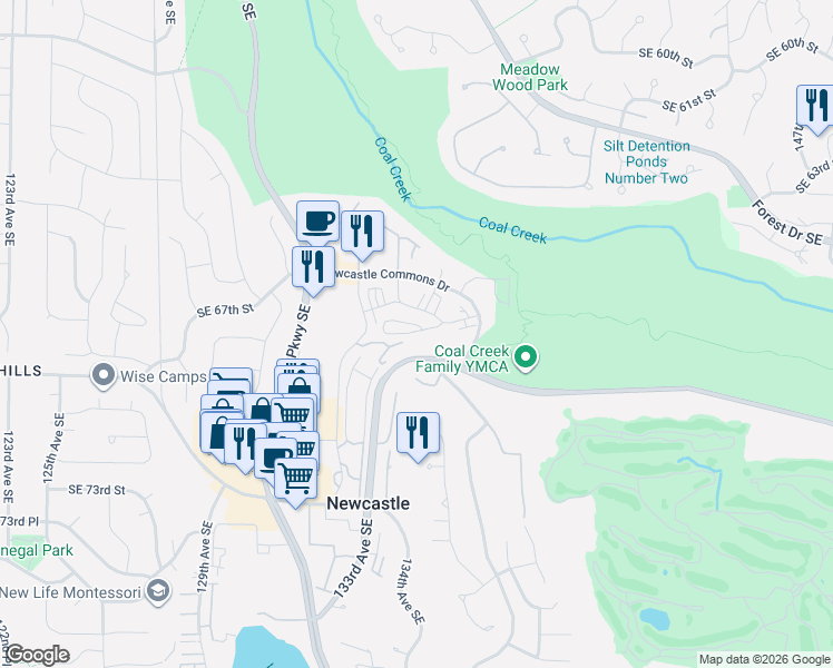 map of restaurants, bars, coffee shops, grocery stores, and more near 13591 Southeast 67th Place in Newcastle