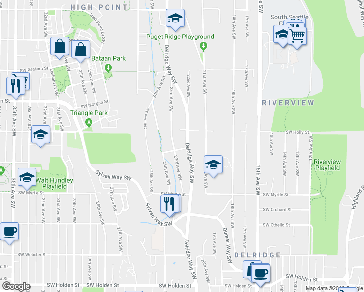 map of restaurants, bars, coffee shops, grocery stores, and more near 6709 21st Avenue Southwest in Seattle