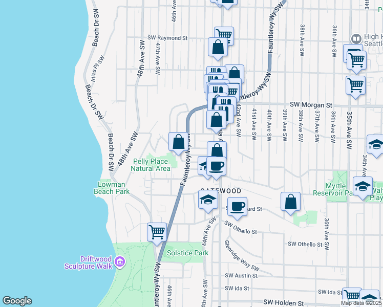 map of restaurants, bars, coffee shops, grocery stores, and more near 6724 Fauntleroy Way Southwest in Seattle