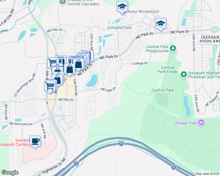 map of restaurants, bars, coffee shops, grocery stores, and more near 1568 14th Place Northeast in Issaquah