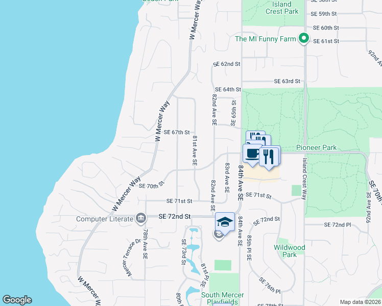map of restaurants, bars, coffee shops, grocery stores, and more near 6720 80th Avenue Southeast in Mercer Island
