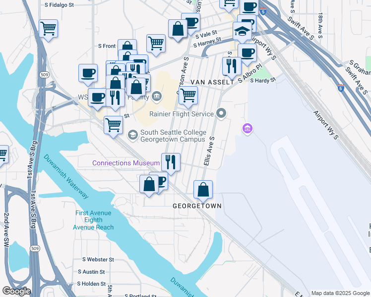 map of restaurants, bars, coffee shops, grocery stores, and more near 6710 Carleton Avenue South in Seattle