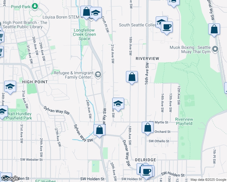 map of restaurants, bars, coffee shops, grocery stores, and more near 21st Avenue Southwest in Seattle