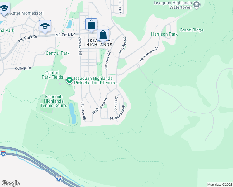 map of restaurants, bars, coffee shops, grocery stores, and more near 2989 Northeast Davis Loop in Issaquah