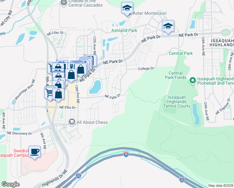 map of restaurants, bars, coffee shops, grocery stores, and more near 1625 Northeast Falls Drive in Issaquah