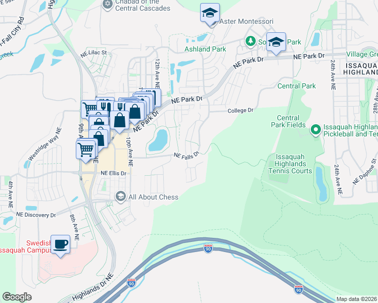 map of restaurants, bars, coffee shops, grocery stores, and more near 1598 14th Place Northeast in Issaquah