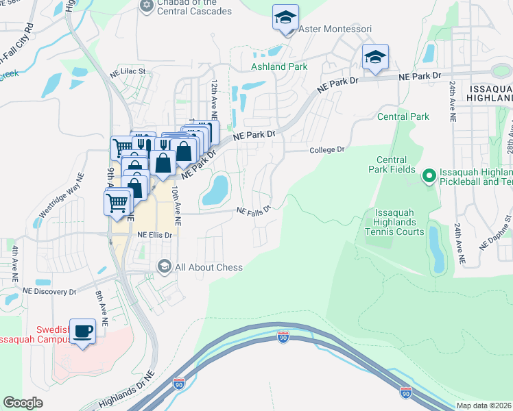 map of restaurants, bars, coffee shops, grocery stores, and more near 1598 14th Place Northeast in Issaquah