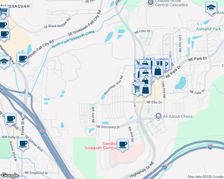 map of restaurants, bars, coffee shops, grocery stores, and more near 1172 Westridge Way Northeast in Issaquah