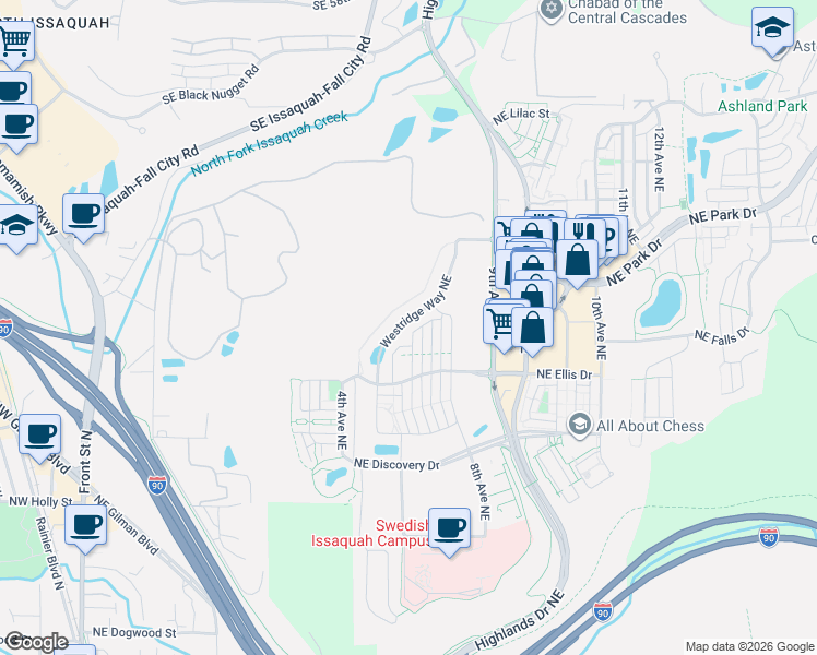 map of restaurants, bars, coffee shops, grocery stores, and more near 1172 Westridge Way Northeast in Issaquah