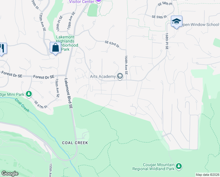 map of restaurants, bars, coffee shops, grocery stores, and more near 6577 163rd Place Southeast in Bellevue