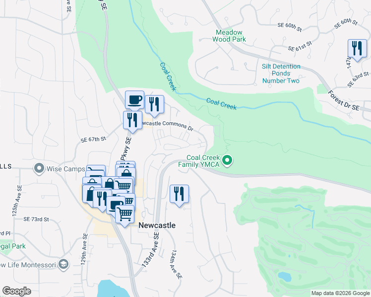 map of restaurants, bars, coffee shops, grocery stores, and more near 13473 Southeast 67th Place in Newcastle