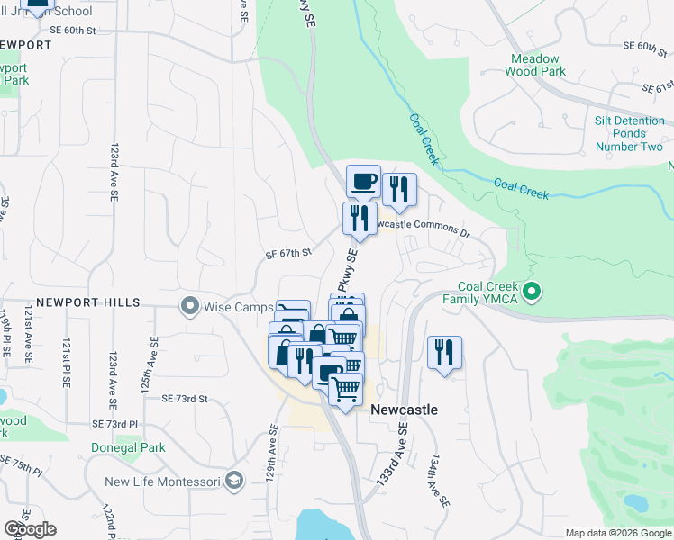 map of restaurants, bars, coffee shops, grocery stores, and more near 6600-6620 Coal Creek Parkway Southeast in Renton