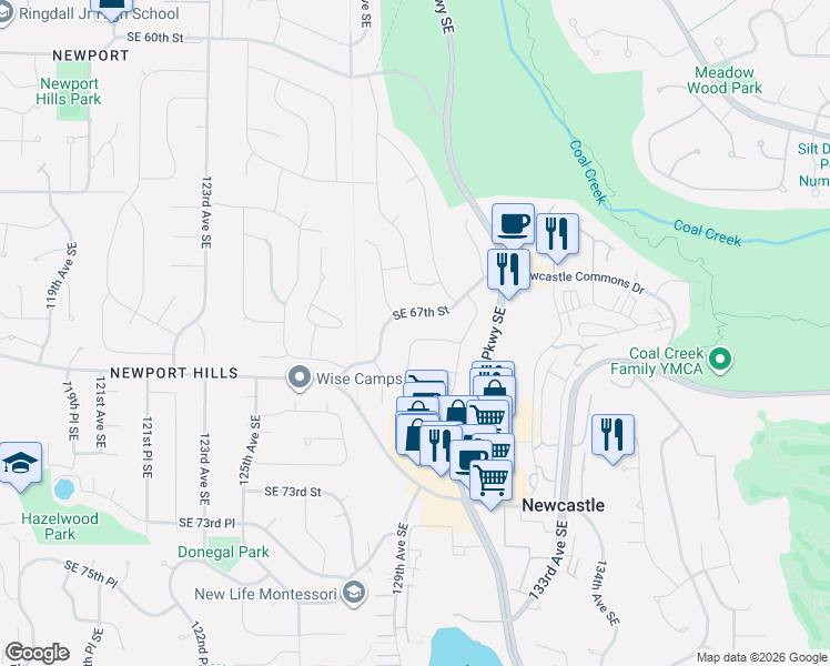 map of restaurants, bars, coffee shops, grocery stores, and more near 12825 Southeast 67th Street in Bellevue