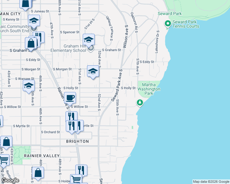 map of restaurants, bars, coffee shops, grocery stores, and more near 6703 Seward Park Avenue South in Seattle