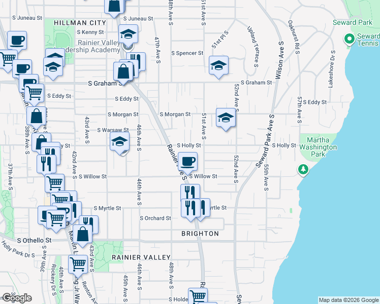 map of restaurants, bars, coffee shops, grocery stores, and more near 4906 South Holly Street in Seattle