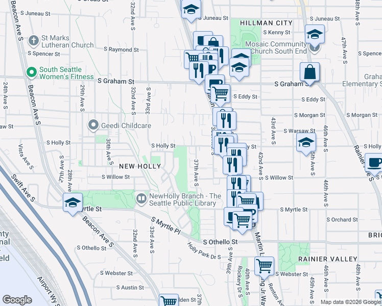 map of restaurants, bars, coffee shops, grocery stores, and more near 3701 South Holly Street in Seattle