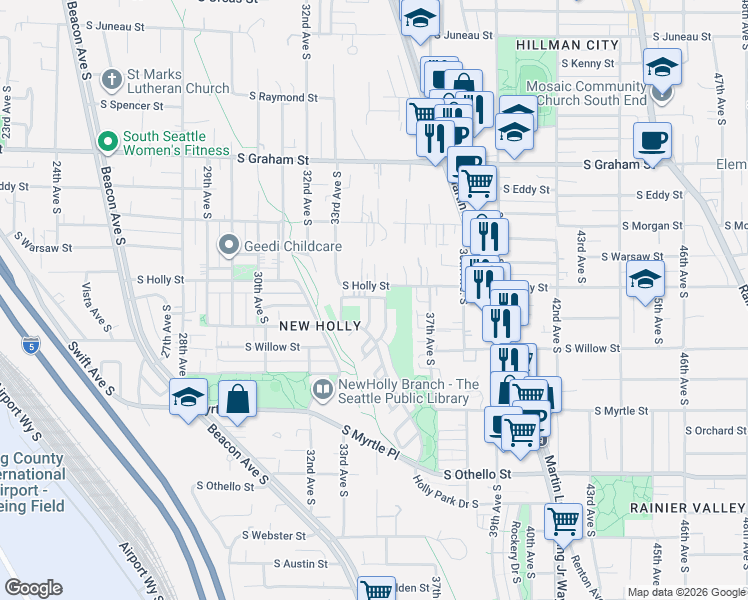 map of restaurants, bars, coffee shops, grocery stores, and more near 3328 South Holly Place in Seattle
