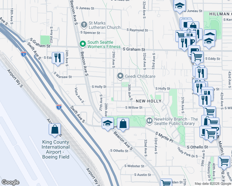 map of restaurants, bars, coffee shops, grocery stores, and more near 2921 South Holly Street in Seattle
