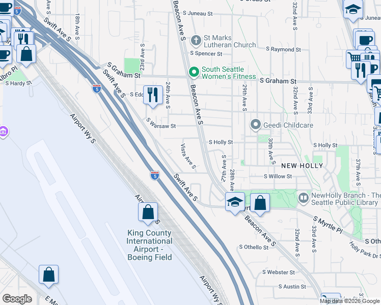 map of restaurants, bars, coffee shops, grocery stores, and more near 6714 Vista Avenue South in Seattle