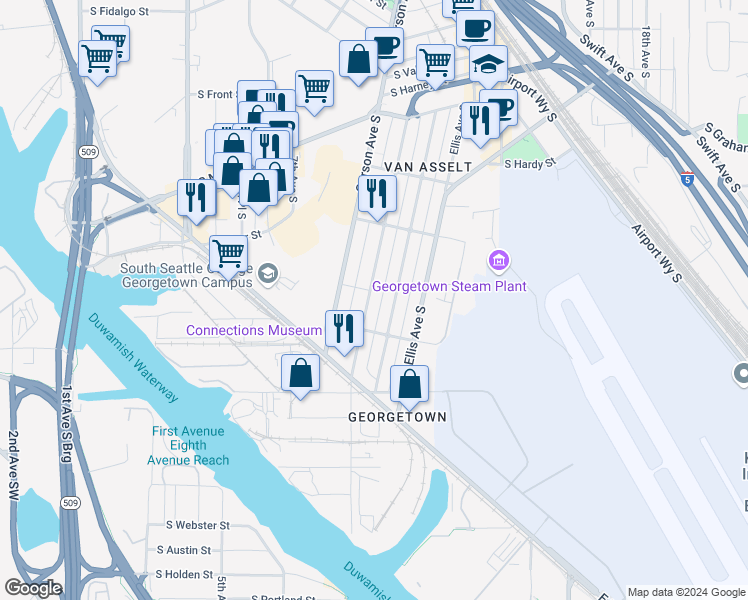 map of restaurants, bars, coffee shops, grocery stores, and more near 6663 Carleton Avenue South in Seattle
