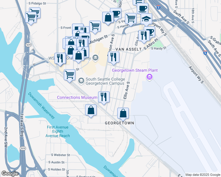 map of restaurants, bars, coffee shops, grocery stores, and more near 6663 Carleton Avenue South in Seattle