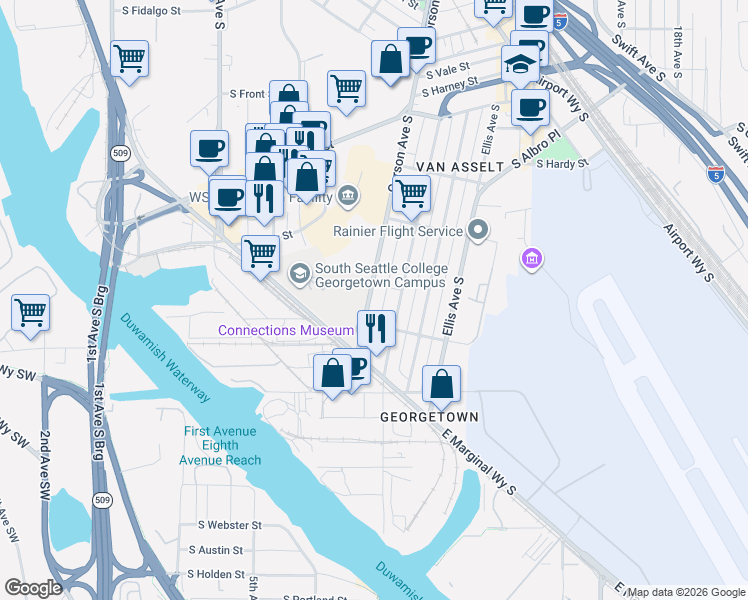 map of restaurants, bars, coffee shops, grocery stores, and more near 6704a Corson Avenue South in Seattle